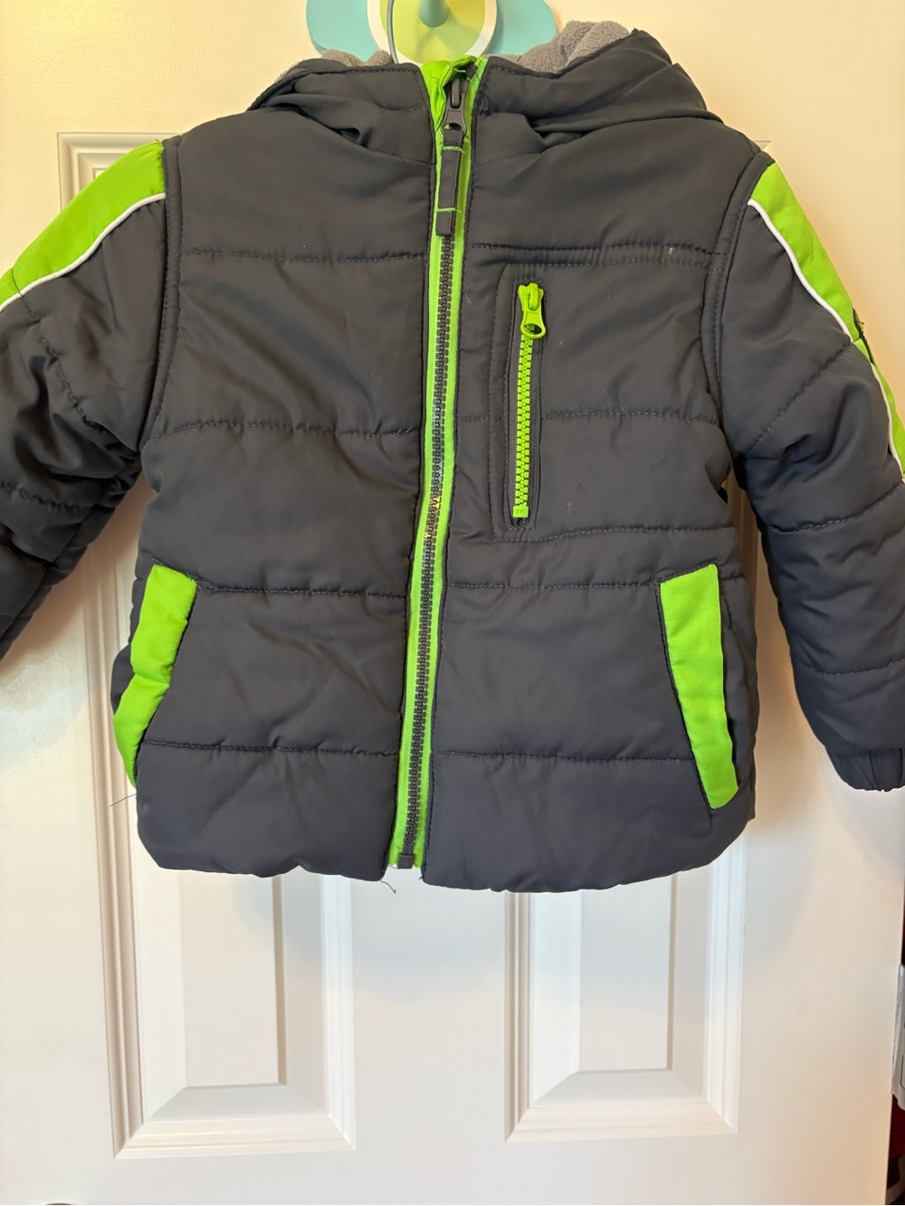 Children's Hooded Puffer Jacket - Gray with Neon Green Trim